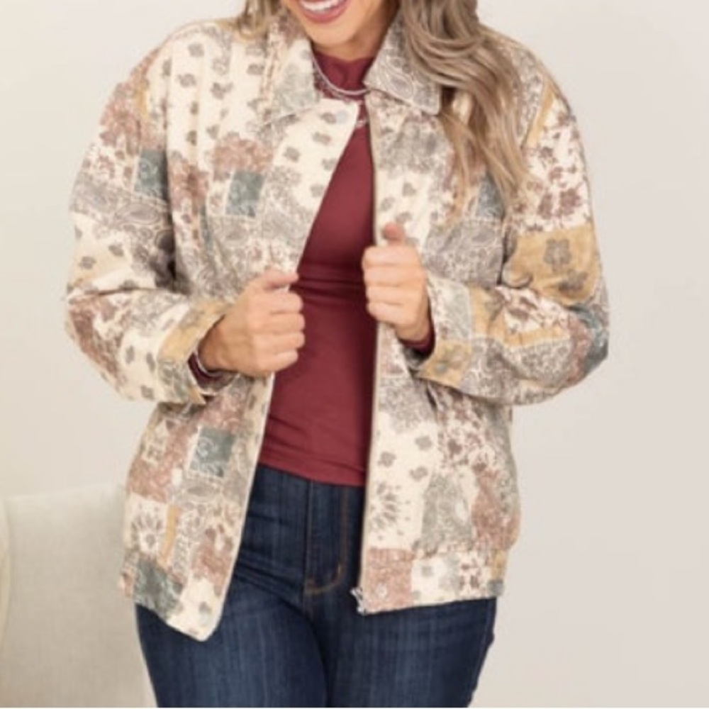 Taelynn Patchwork full zip Jacket in Beige, Rust & Olive size small